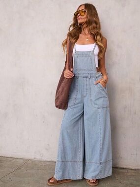 Light Blue Denim Wide-Leg Overalls - Women Jeans